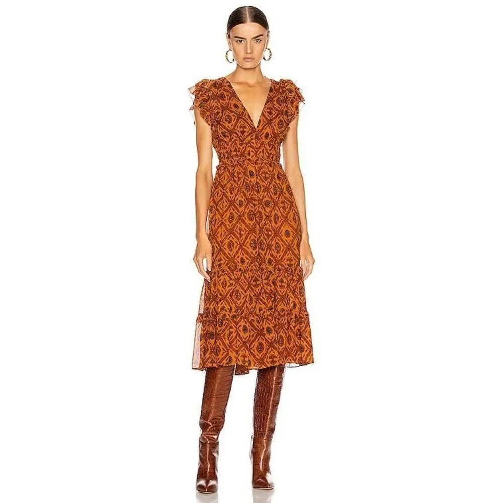 Ulla Johnson Silk Printed Anika Midi Dress in Ochre Size 2